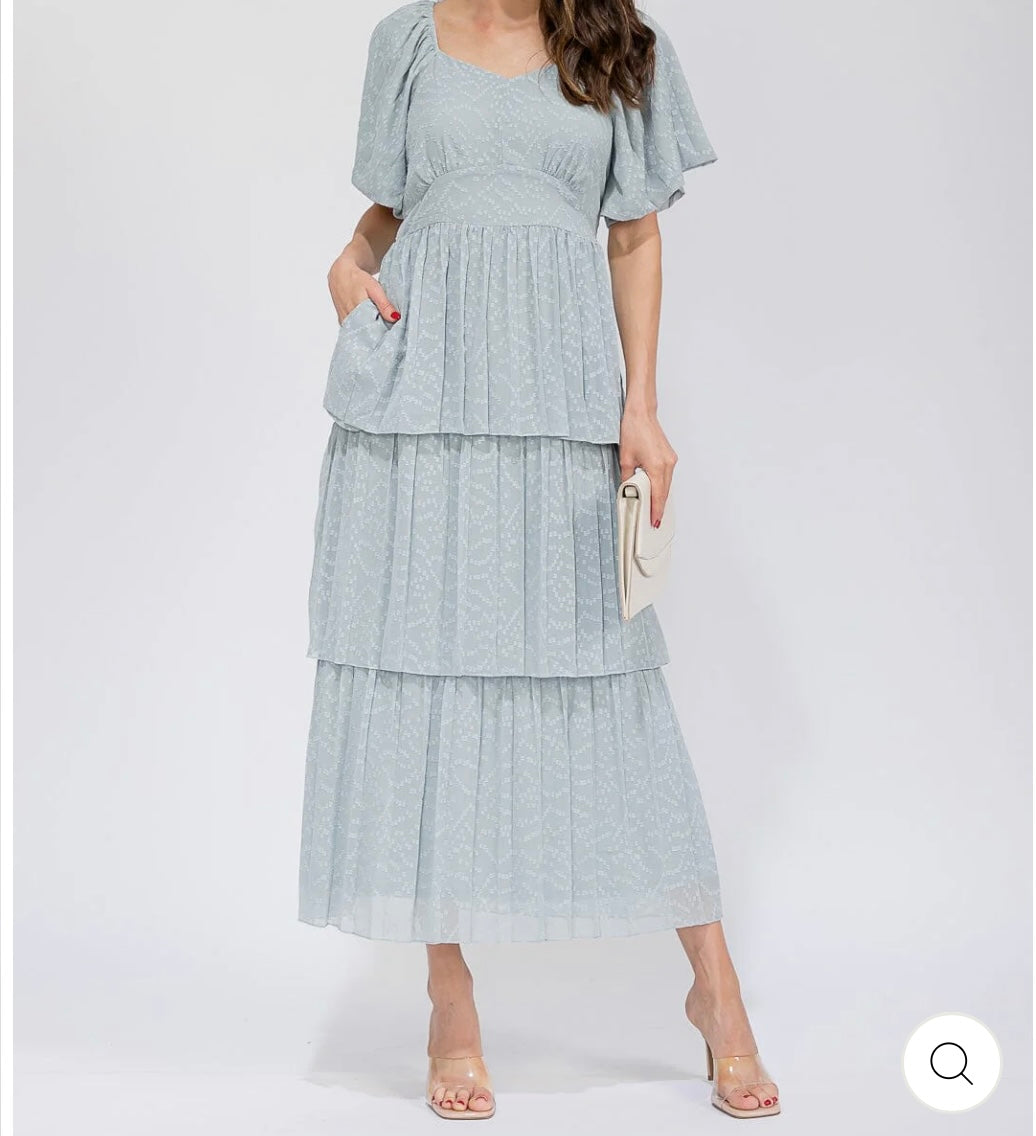 Long sleeve V-neck Swiss ruffle tiered maxi dress.